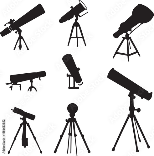 Silhouette Telescopes on Tripods: Astronomy Equipment Vector Art