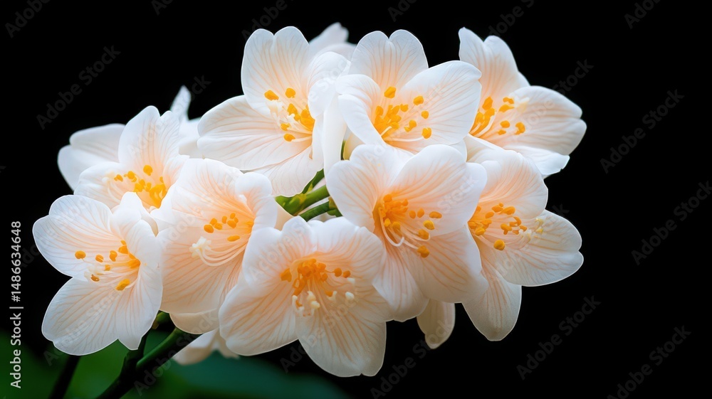 Obraz premium Beautifully Arranged Cluster of Tropical Flowers with Delicate White and Peach Petals on Black Background