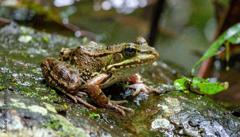 Frog on Mossy Rock: Capturing a vibrant macro shot, a detailed view of a frog resting on a moss-covered rock, immersed in its natural habitat. Frog on Mossy Rock: Capturing a vibrant macro shot, a detailed view of a frog resting on a moss-covered rock, immersed in its natural habitat.