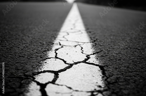 A cracked asphalt road with a white dividing line.  Close-up view of the texture