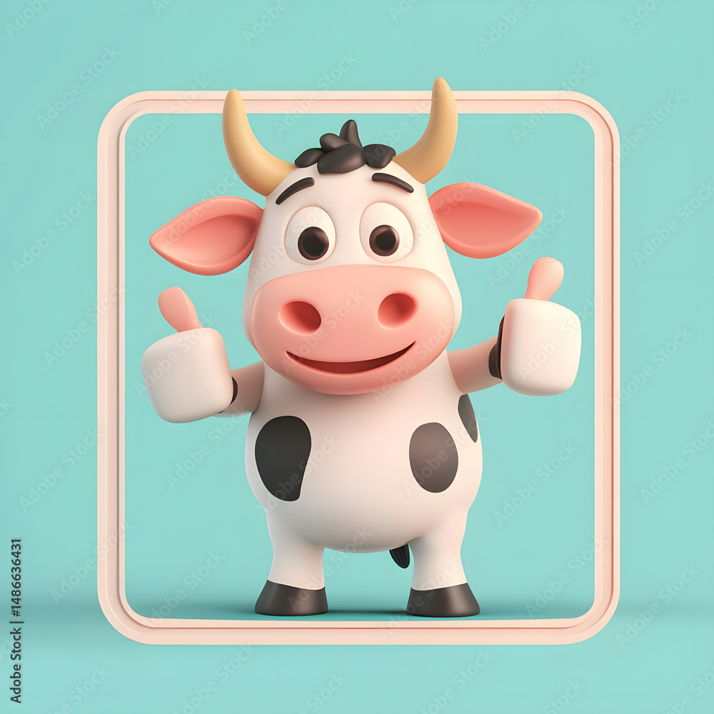 Fototapeta premium Cheerful 3D Cartoon Cow Gesturing Thumbs Up, Positive Animal Character Expression