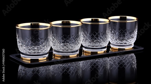 Elegant crystal glasses with gold accents on black tray