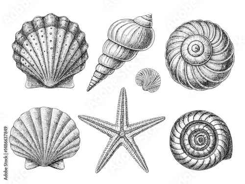 Detailed monochrome drawing featuring assorted seashells and a starfish on a white background