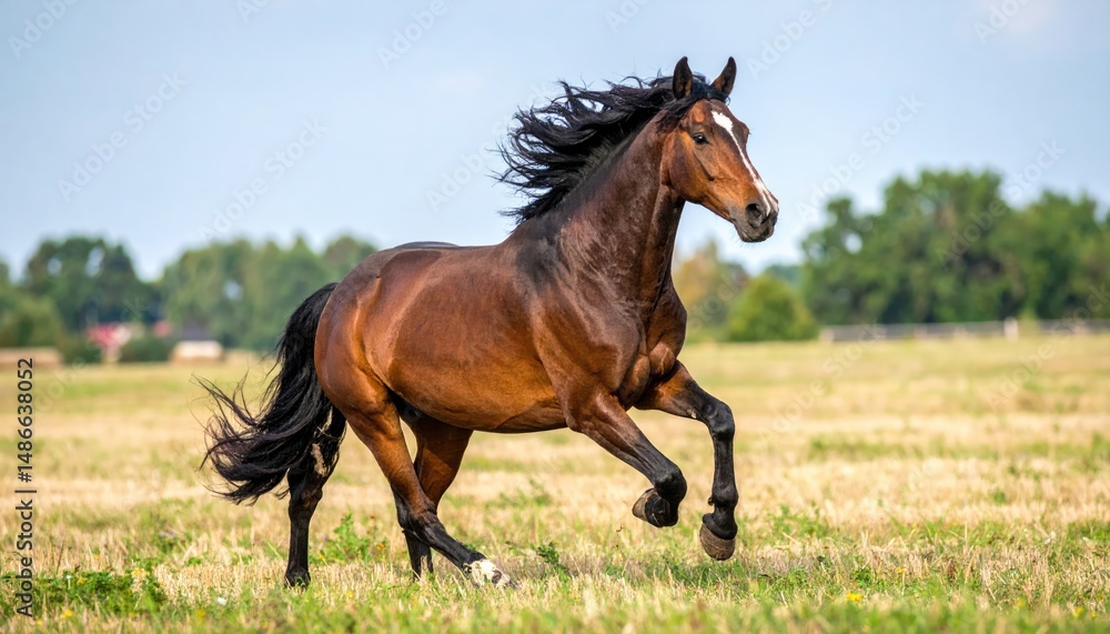 Obraz premium Magnificent Running Horse: A powerful and majestic brown horse gallops across an open field, mane and tail flowing in the wind, against a backdrop of clear blue sky and the serene landscape.
