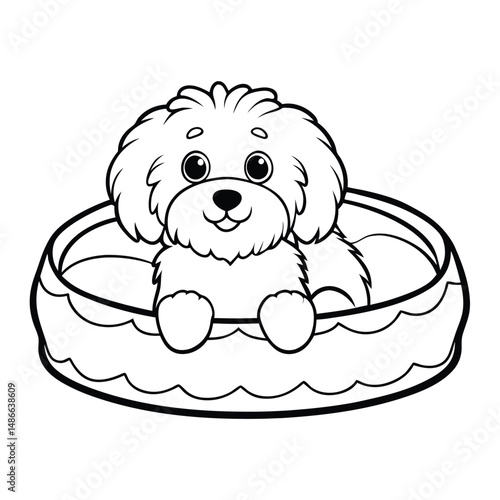 Cute Bichon Frise Puppy in Dog Bed: Coloring Page & Printable Coloring Page