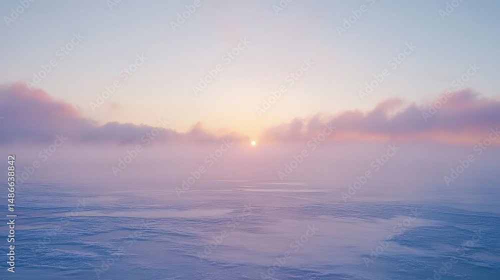 Fototapeta premium Pastel sunrise over a misty, tranquil landscape.