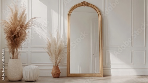 Full length gold mirror pampas grass white room interior