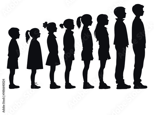 Silhouette illustration showing the growth stages of children from toddler to young adult standing in a row