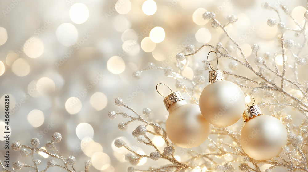 Elegant holiday shimmer: Creamy ornaments and frosted sprigs aglow in festive lights Elegant holiday shimmer: Creamy ornaments and frosted sprigs aglow in festive lights