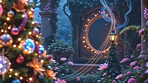 Wallpaper Mural fantasy themed christmas tree with enchanted baubles, magical lights casting a holographic glow, whimsical garden setting with oversized flowers, a sense of wonder and imagination high resolution Torontodigital.ca