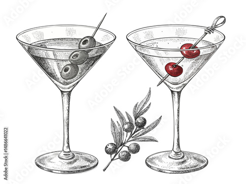 Illustration of two martini glasses with olive and cherry garnishes accompanied by an olive branch