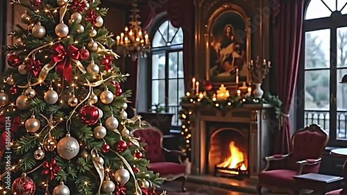 Wallpaper Mural majestic christmas tree decorated with vintage glass baubles, twinkling fairy lights creating a magical glow, elegant room with a crackling fireplace, rich dark wood furnishings Torontodigital.ca