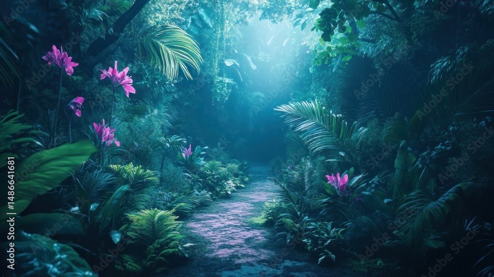 Naklejka premium Mysterious jungle path vibrant tropical foliage and pink flowers