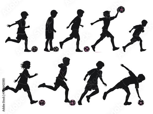 Silhouette illustration showing a sequence of children playing and interacting with soccer balls