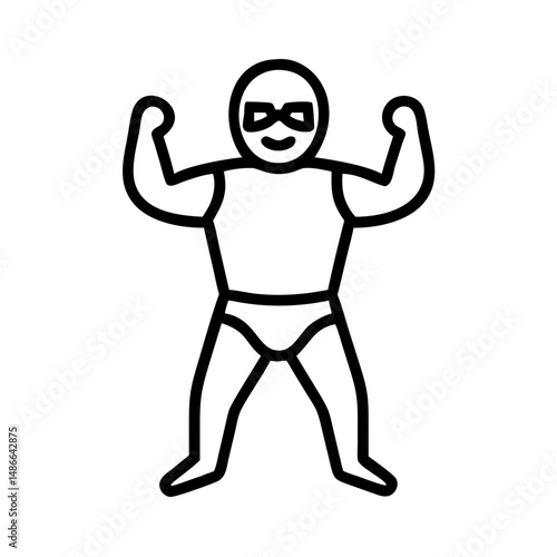 Cartoon wrestler posing with arms raised in a defined stance, icon, vector  