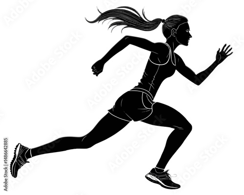 Silhouette of a female runner with ponytail in motion wearing athletic apparel on a white background