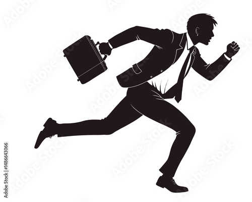 Silhouette of a businessman in a suit running with a briefcase against a white plain background image