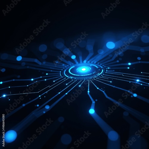 abstract futuristic technology background, glowing blue digital hub with radiating data lines against dark background. AI, data flow, centralized network, cybersecurity, virtual communication concept