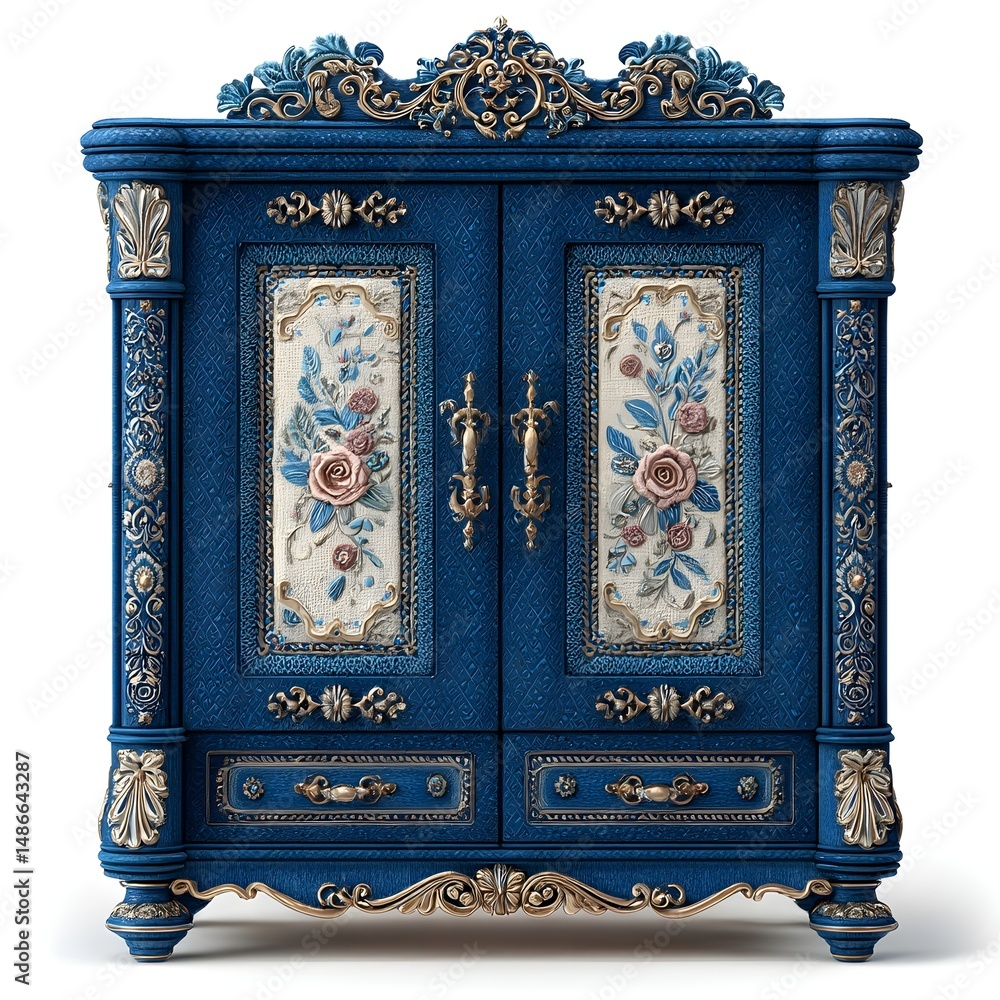 Elegant Sapphire Blue Linen Press Cupboard Adorned With Intricate Embroidery Detailing For Personalized Home Storage Elegant Sapphire Blue Linen Press Cupboard Adorned With Intricate Embroidery Detailing For Personalized Home Storage