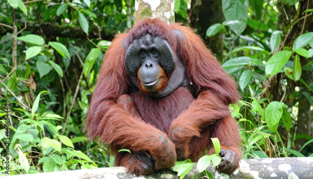 Obraz premium Majestic Orangutan of the Rainforest: A solitary orangutan, with its vibrant, reddish-brown fur and intelligent eyes, perches amidst the lush greenery of the tropical rainforest.