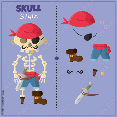 Pirate skeleton costume set. Vector