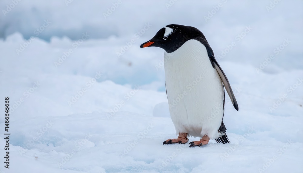 Naklejka premium Solitary Penguin in a Snowy Landscape: A single Gentoo penguin stands on a pristine expanse of snow, its black and white plumage stark against the icy backdrop.