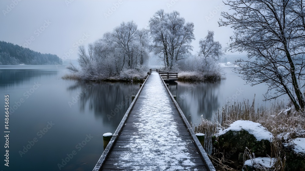 Naklejka premium Serene Winter Jetty Extends Over Snow Capped Surroundings Offering Peaceful Waterfront Views And Seasonal Calm