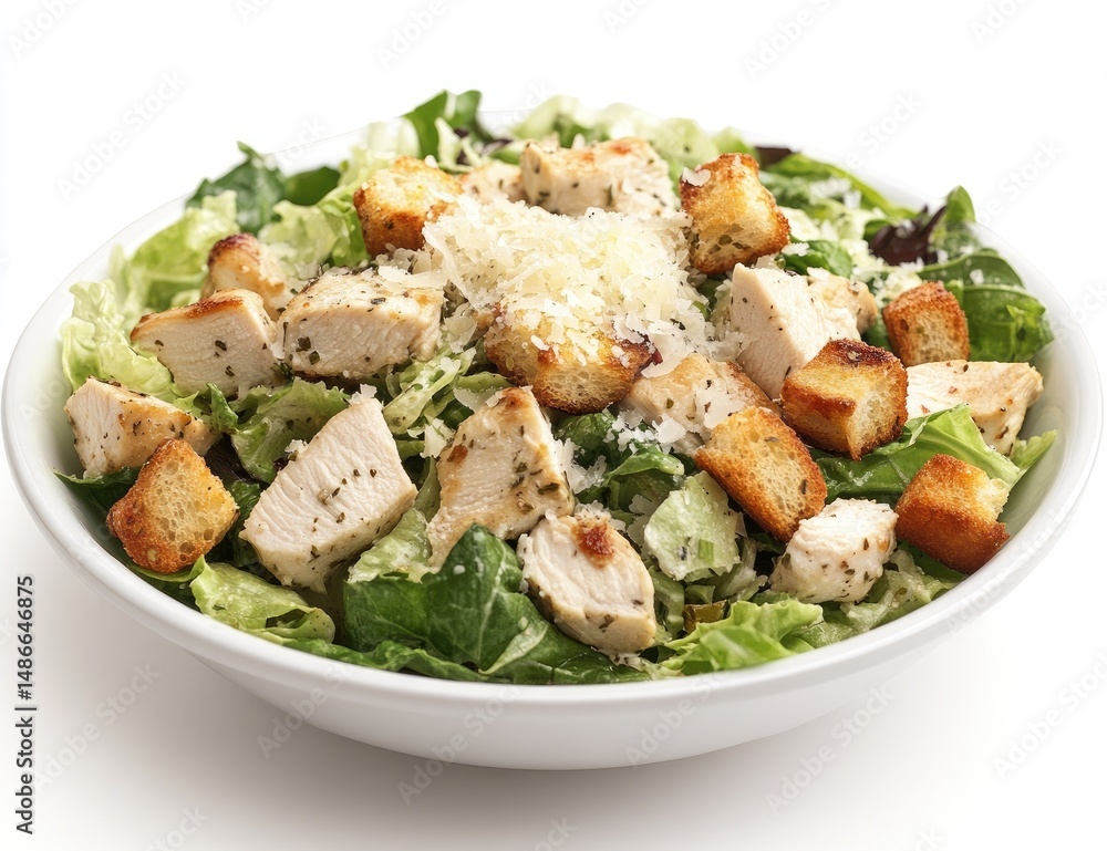 Freshly prepared Caesar salad with grilled chicken. A vibrant mix of crisp lettuce, tender chicken, and crunchy croutons. Garnished with grated Parmesan cheese Freshly prepared Caesar salad with grilled chicken. A vibrant mix of crisp lettuce, tender chicken, and crunchy croutons. Garnished with grated Parmesan cheese