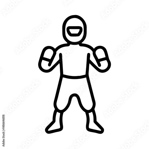 Boxer preparing for match in fighting stance with gloves on, icon, vector  