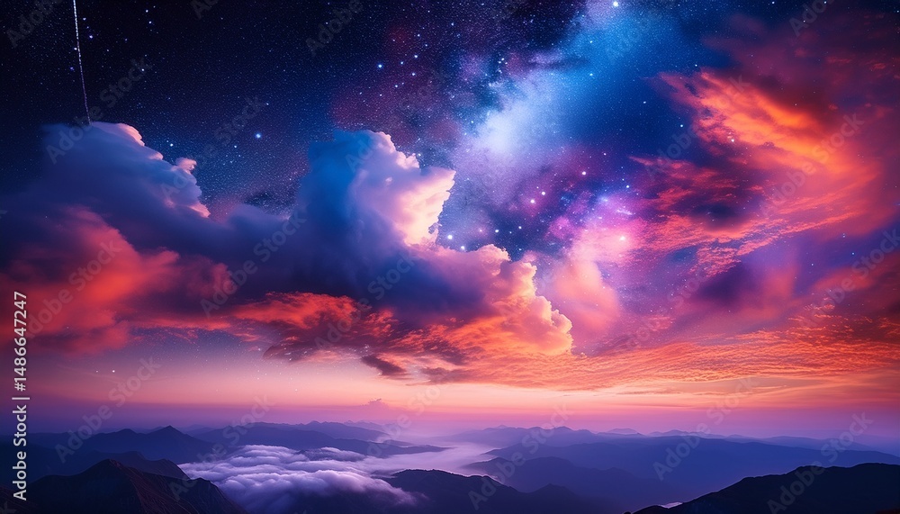 a mesmerizing cosmic scene filled with colorful clouds and starlit sky evoking a sense of wonder and exploration a mesmerizing cosmic scene filled with colorful clouds and starlit sky evoking a sense of wonder and exploration