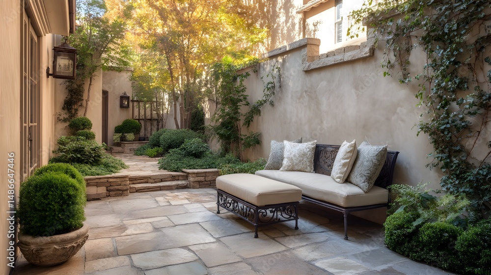 Obraz premium Design a Cozy Patio with Stucco Walls and Flagstone Flooring for Timeless Outdoor Entertaining Spaces