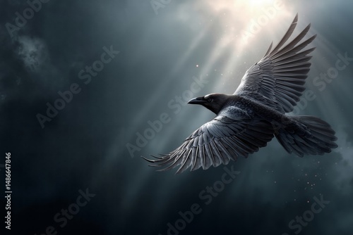 A black bird flying through the sky with its wings spread