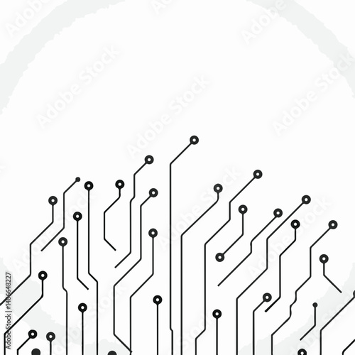 Abstract vector graphic of a circuit board pattern. Black lines and dots form a stylized electronic circuit against a white background.