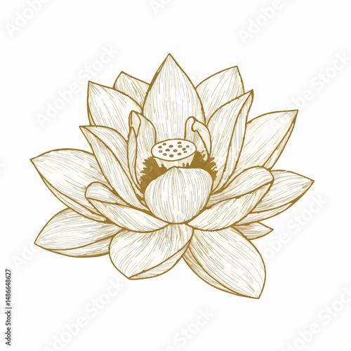 Elegant lotus flower illustration. Delicately detailed with line work in a light brown or gold color on a white background. Serene and botanical.