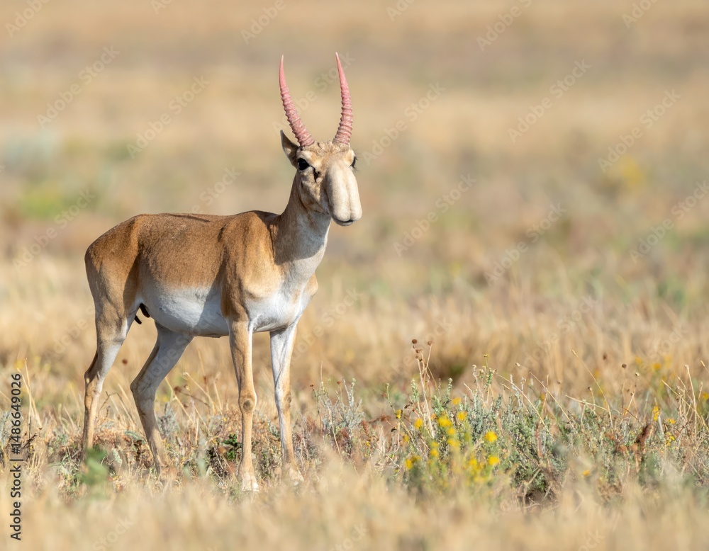 Saiga Antelope: A captivating portrait of a rare saiga antelope in its natural habitat. This remarkable creature with its unique, elongated nose stands gracefully in an open, grassy expanse. Saiga Antelope: A captivating portrait of a rare saiga antelope in its natural habitat. This remarkable creature with its unique, elongated nose stands gracefully in an open, grassy expanse.