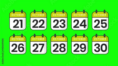 Animated footage of calendar icons displaying the dates of October 21st through October 30th. Perfect for projects needing to show a timeline, countdown, or specific dates in October.