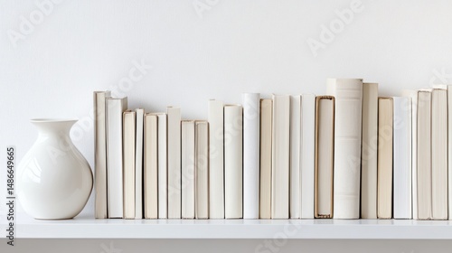Minimalist bookshelf arrangement with white vase and neutral tones