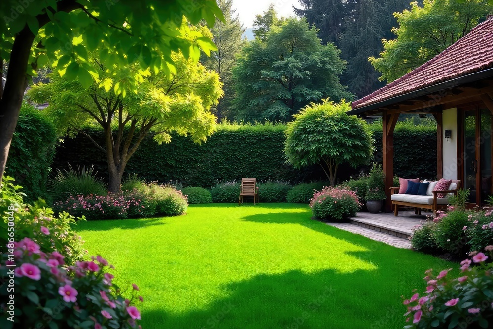 Fototapeta premium A lush, green backyard oasis featuring a meticulously manicured lawn, vibrant flowerbeds, and a charming patio area, perfect for relaxation and outdoor entertaining , spring, residential