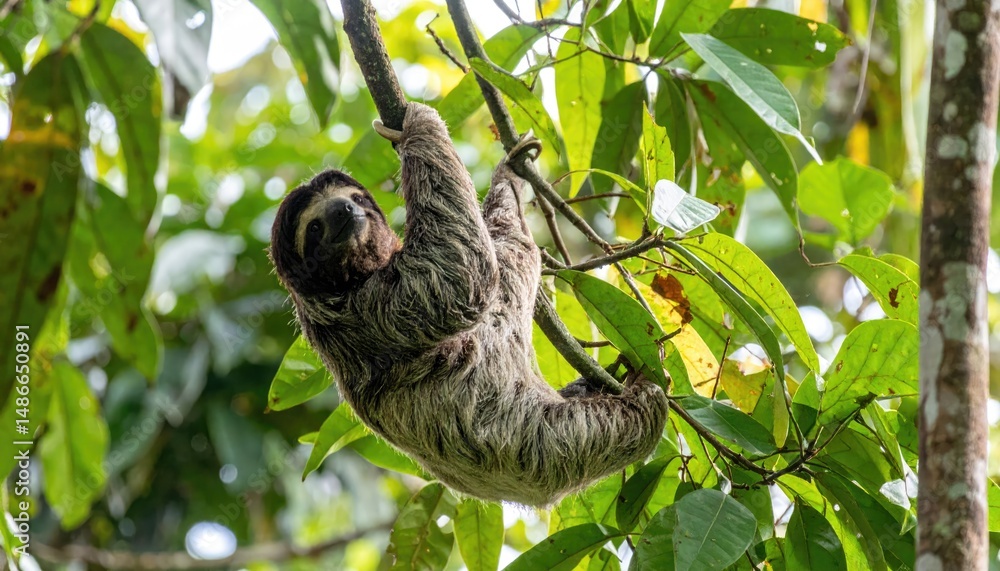 Fototapeta premium Sloth hanging in tree: The image showcases a sloth suspended from a tree branch, offering a detailed view of the animal in its natural habitat.