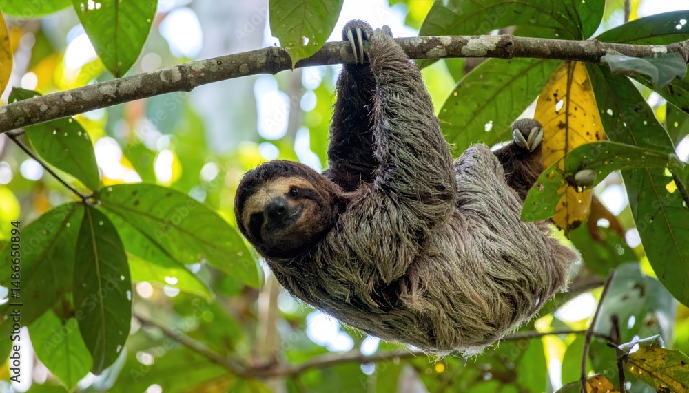 Fototapeta premium Sloth in Jungle Habitat: A close-up shot captures the adorable sloth hanging from a leafy branch, its relaxed expression reflecting the tranquility of its jungle home.