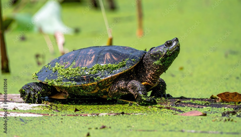 Obraz premium Turtle Sunbathing: A serene moment captures a turtle basking in the sun atop a bed of aquatic plants, the tranquility of nature on display.