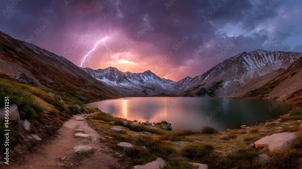 Fototapeta premium Admire a Pink Lightning Bolt Flashing Over a Pristine Twilight Horizon for Dramatic Evening Skyscape