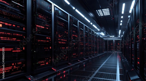 Dark server room interior with red lights network technology concept