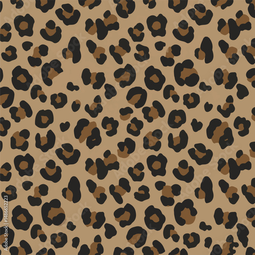Seamless pattern featuring black and brown irregularly shaped leopard spots on a tan background. Animal print.
