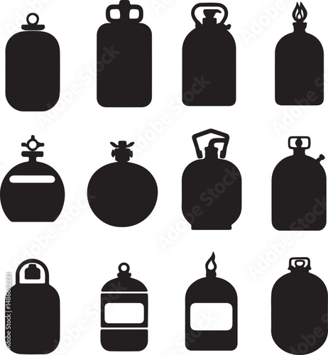 Black Silhouette Gas Tanks: Propane, Fuel, Cylinders, Vector Art