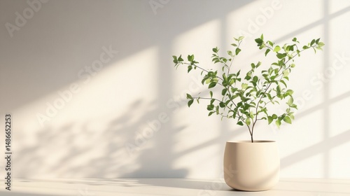 Green plant in beige pot minimalist home decor sunlight shadows white background