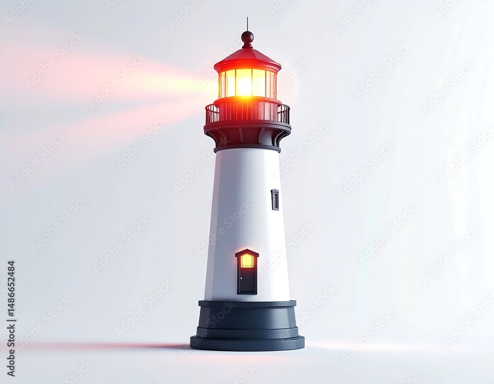 Illuminated White Lighthouse with Red Top Emitting Light on White Background Illuminated White Lighthouse with Red Top Emitting Light on White Background