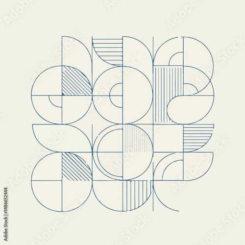 Abstract geometric design of blue lines forming overlapping circles and partial circles on a textured, off-white background. Clean, minimalist style.