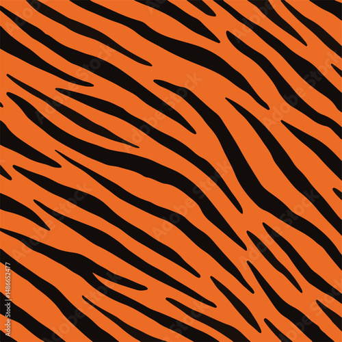 Orange background with black, irregularly spaced diagonal stripes resembling a tigers fur pattern. Abstract, repeating design.