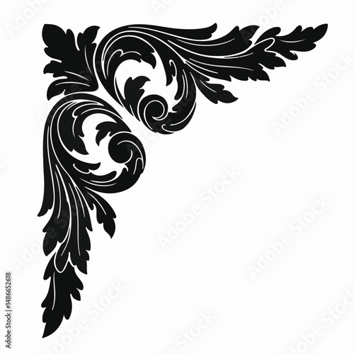 Black, stylized Baroque-style corner design. Floral and swirling motifs form an ornate, classic ornamental embellishment on a white background.
